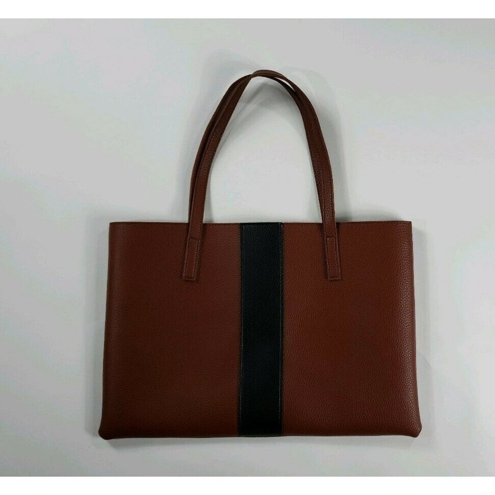 Vince Camuto Brown Vegan Leather Tote Black Stripe Double Handle‎ Never Used